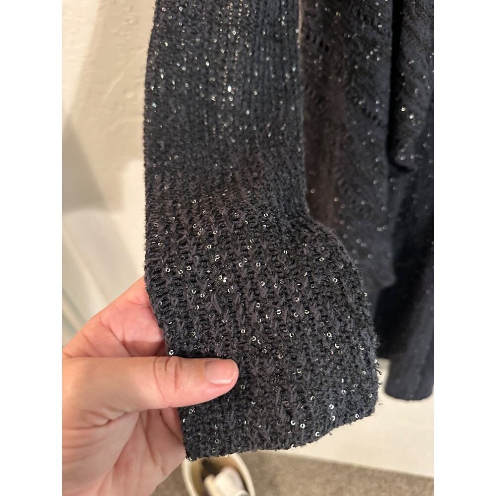 Y Soft Surroundings Black Glitter Winter Ruffle Open Cardigan Sweater - Picture 5 of 10